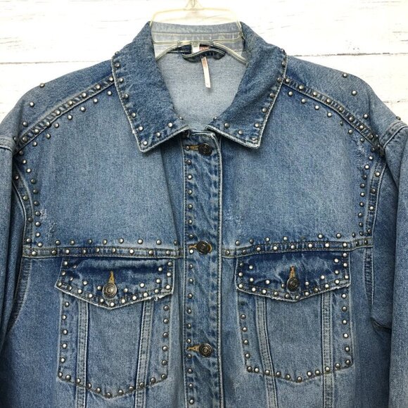 Free People Women's Denim Jean Jacket Studded Oversized Trucker Distressed M - Picture 4 of 12